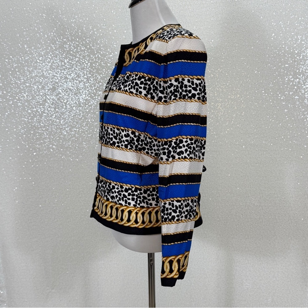 Adrianna Papell 100% Silk Chain Leopard Print Jacket Blazer Blue Gold Size 14 - Picture 8 of 11